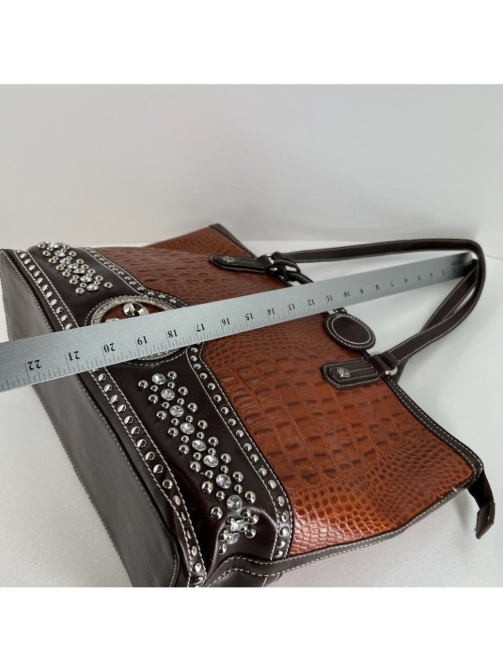 Silverake Shoulder Tote Bag Fleur De Lis Rhinestone Studded Croc Textured Brown - Picture 7 of 16